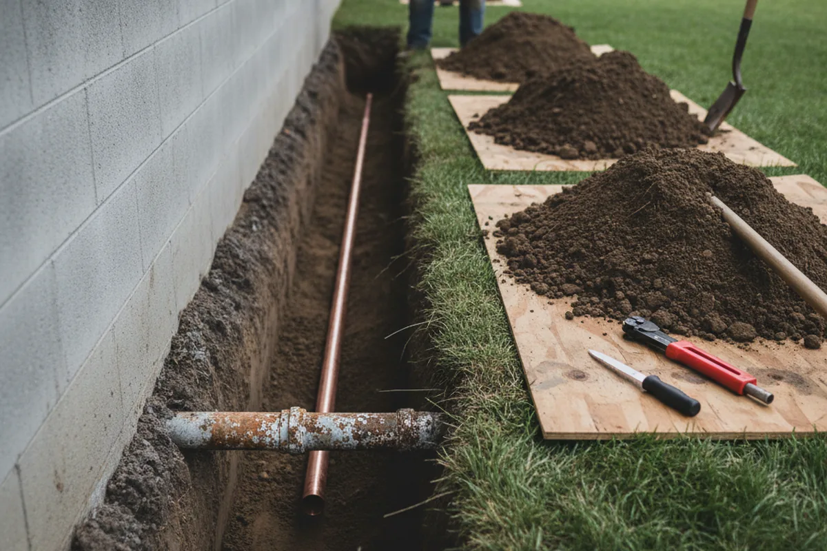 Excavated water line trench during Water Softener Installation in Newcastle